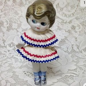 Antique, Made in Japan 6.25in Bisque Googly-eyed Doll in Red, White n Blue Dres